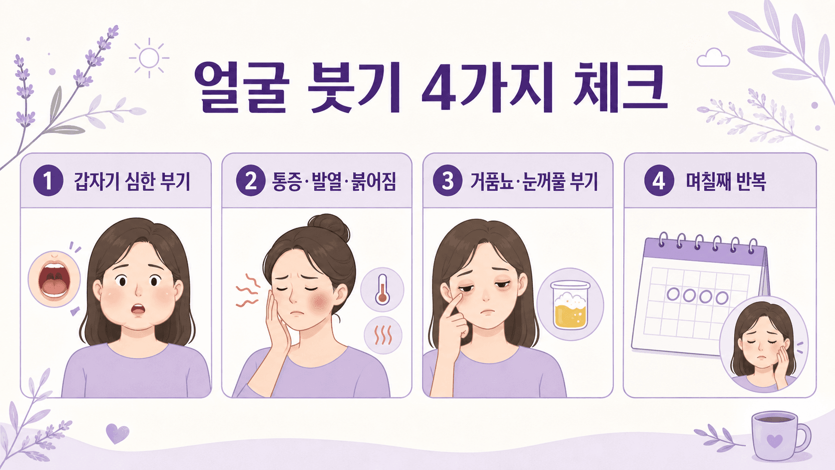 아침 얼굴 붓기를 갑작스러운 부기, 통증과 발열, 거품뇨, 반복 기간으로 나누어 보는 4가지 체크 이미지