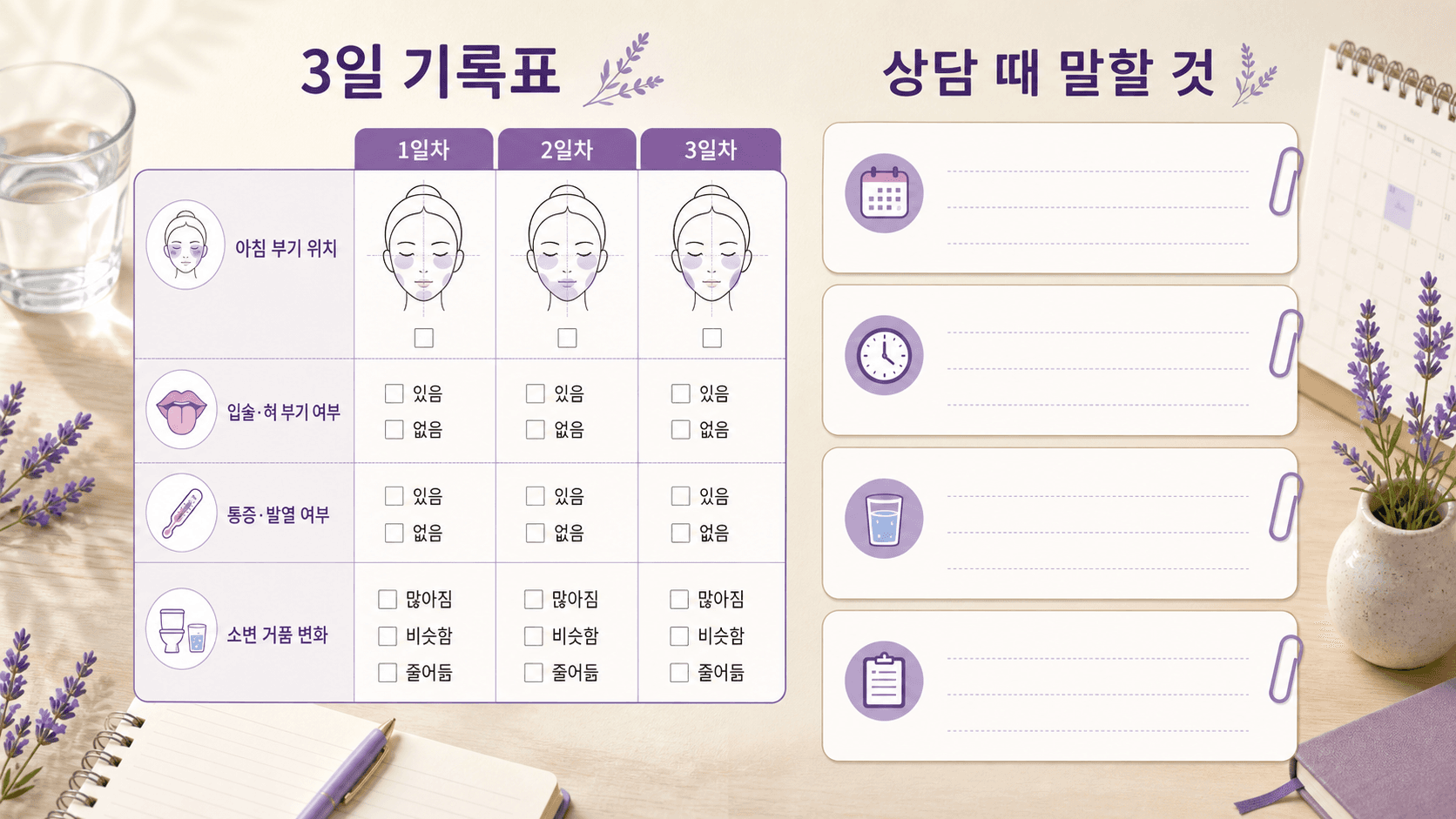 아침 얼굴 부기 위치, 입술과 혀 부기 여부, 통증과 발열, 소변 거품 변화를 3일간 기록하는 체크표 이미지