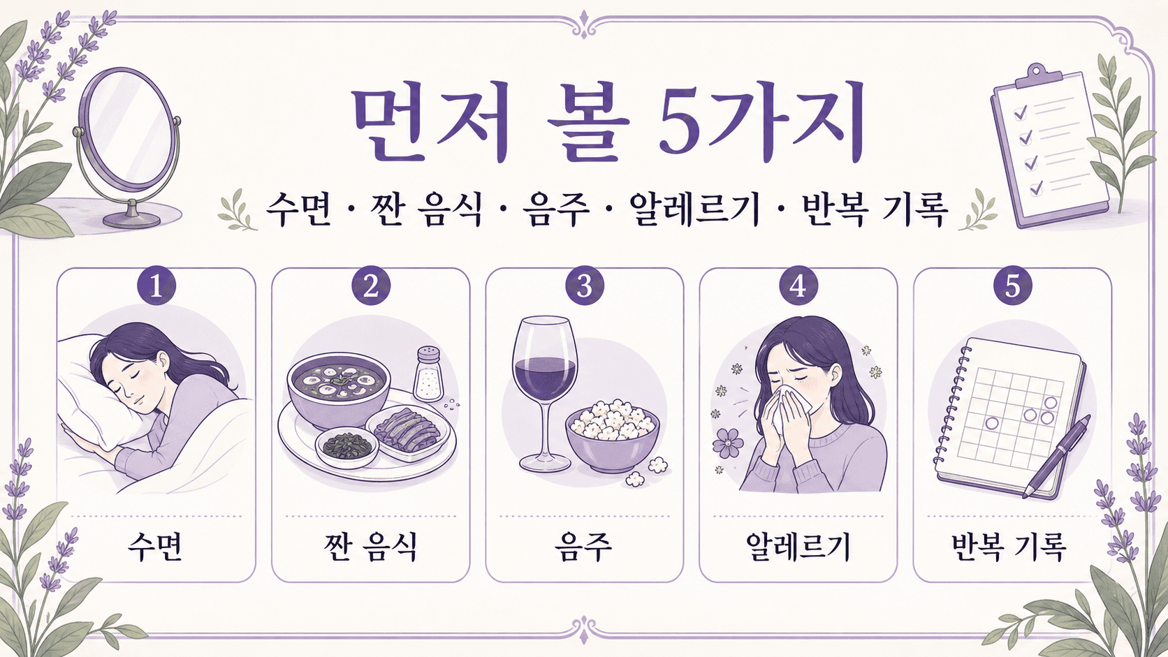 아침 얼굴 붓기를 수면, 짠 음식, 음주, 알레르기, 반복 기록 5가지로 가르는 체크 이미지