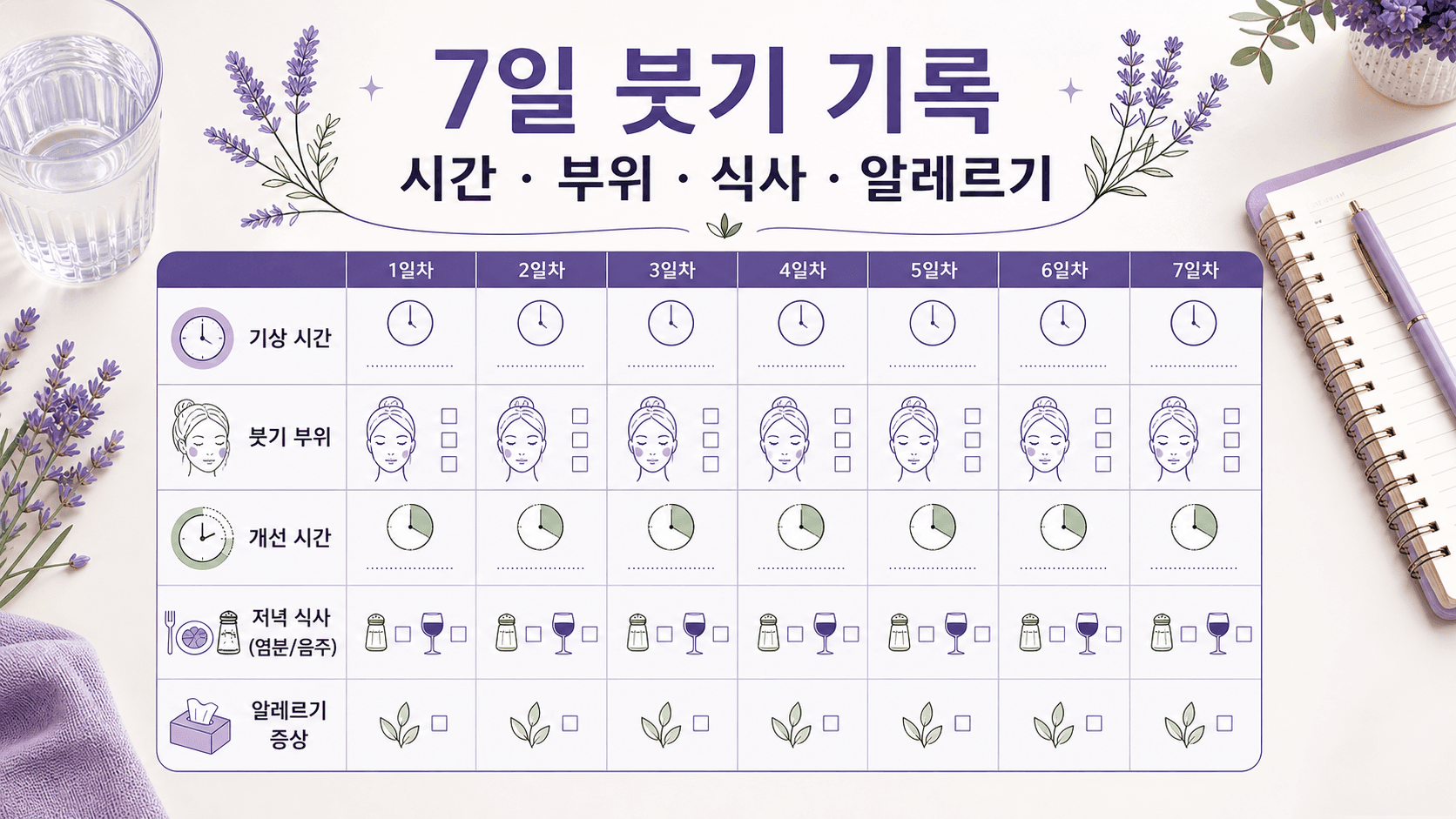 아침 얼굴 붓기 7일 기록표 이미지