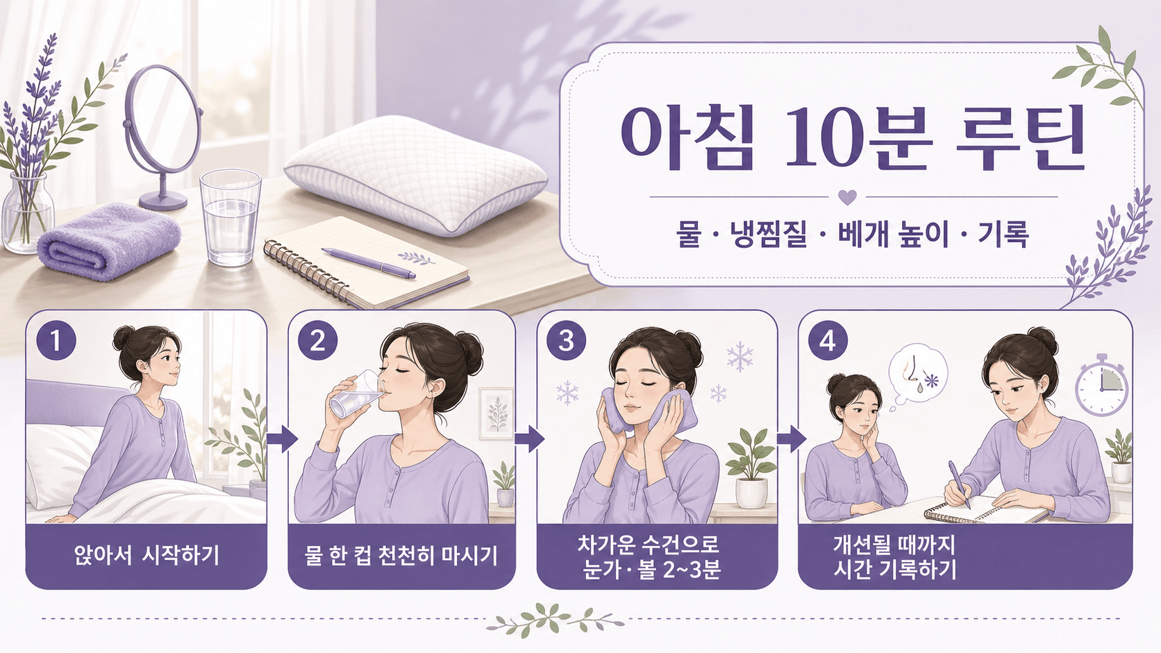 아침 얼굴 붓기 때 물, 냉찜질, 베개 높이, 기록을 보여주는 10분 루틴 이미지