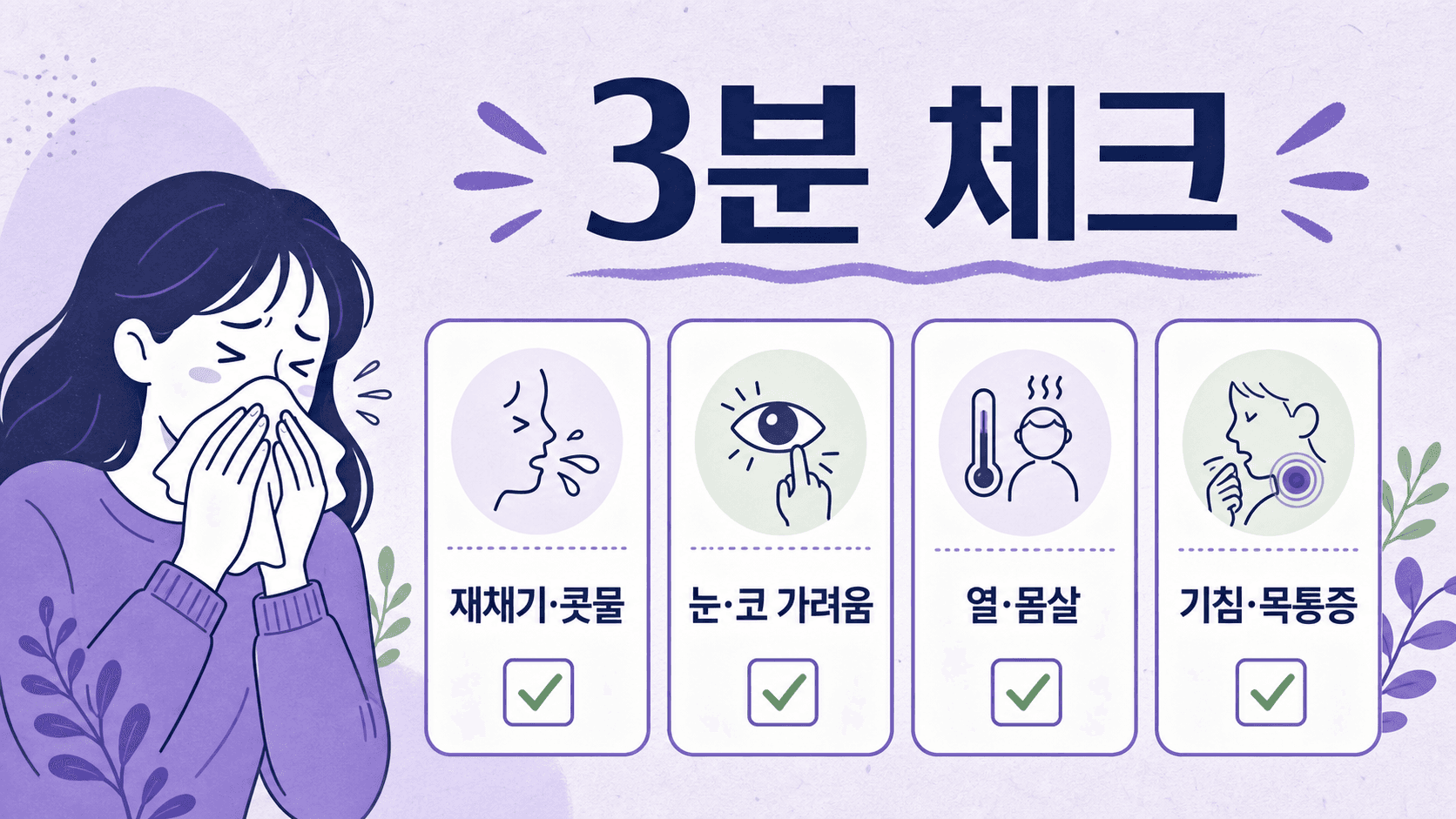 아침 재채기와 콧물에서 재채기·콧물, 눈·코 가려움, 열·몸살, 기침·목통증을 나누는 3분 체크 이미지