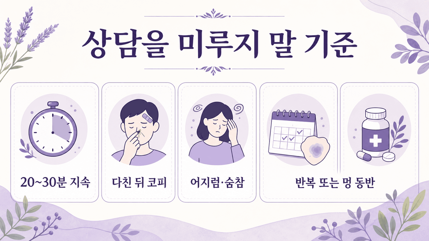 반복 코피에서 상담을 미루지 말 기준을 20~30분 지속, 다친 뒤 코피, 어지럼과 숨참, 반복 또는 멍 동반으로 나누는 이미지