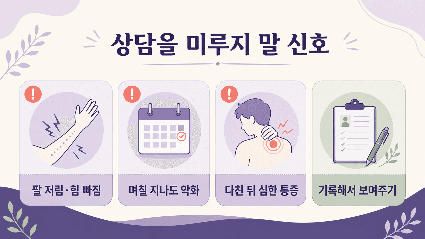 목 통증과 함께 팔 저림, 악화, 다친 뒤 통증이 있을 때 상담 기준을 보여주는 이미지