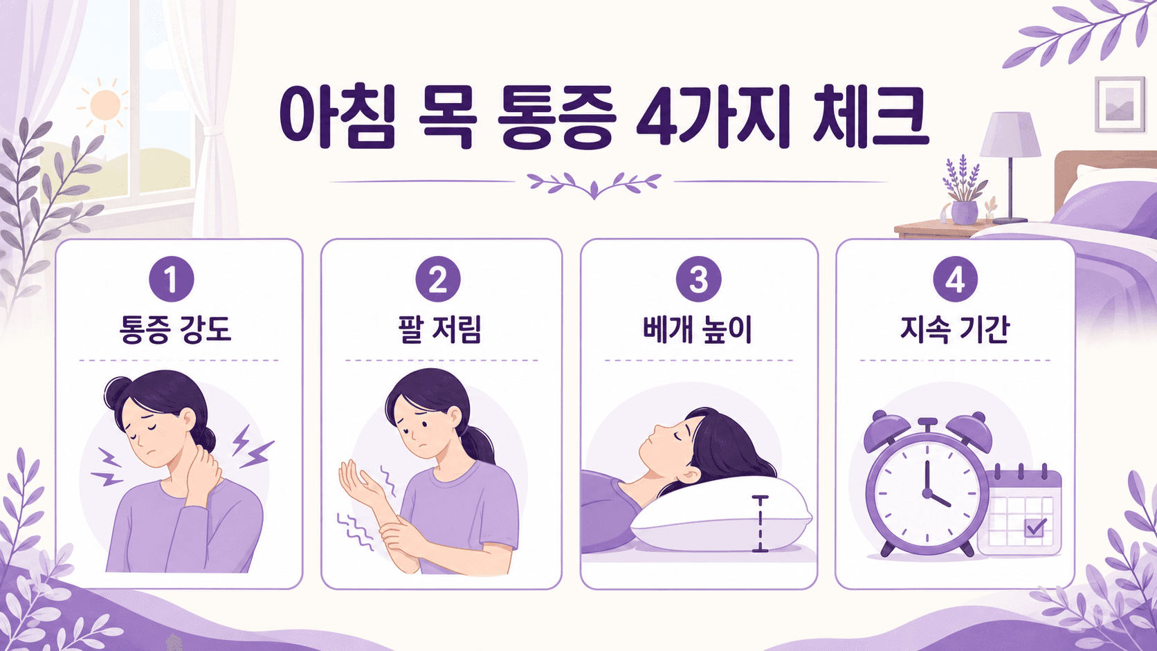 아침 목 통증에서 통증 강도, 팔 저림, 베개 높이, 지속 기간을 먼저 보는 4가지 체크 이미지
