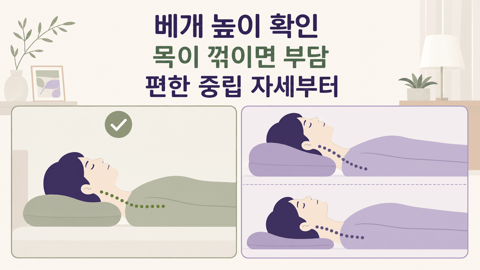 베개 높이가 목을 꺾지 않는지 확인하고 편한 중립 자세부터 보는 이미지