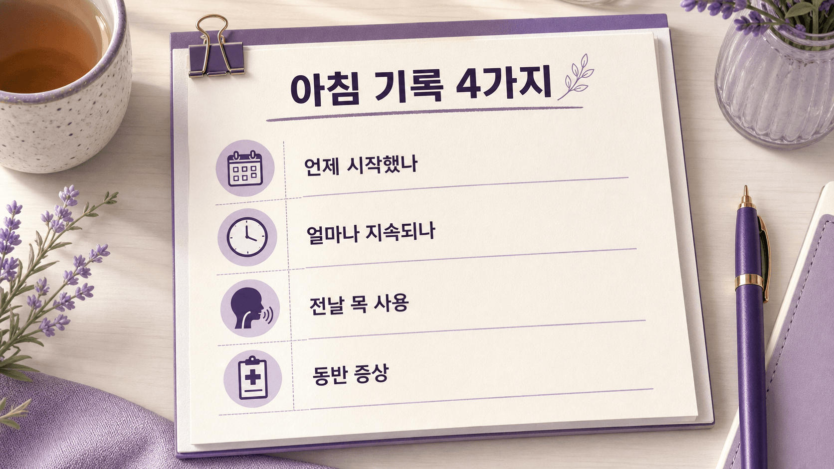 아침 목소리 기록 카드: 날짜, 지속 시간, 전날 목 사용, 동반 증상을 적는 이미지