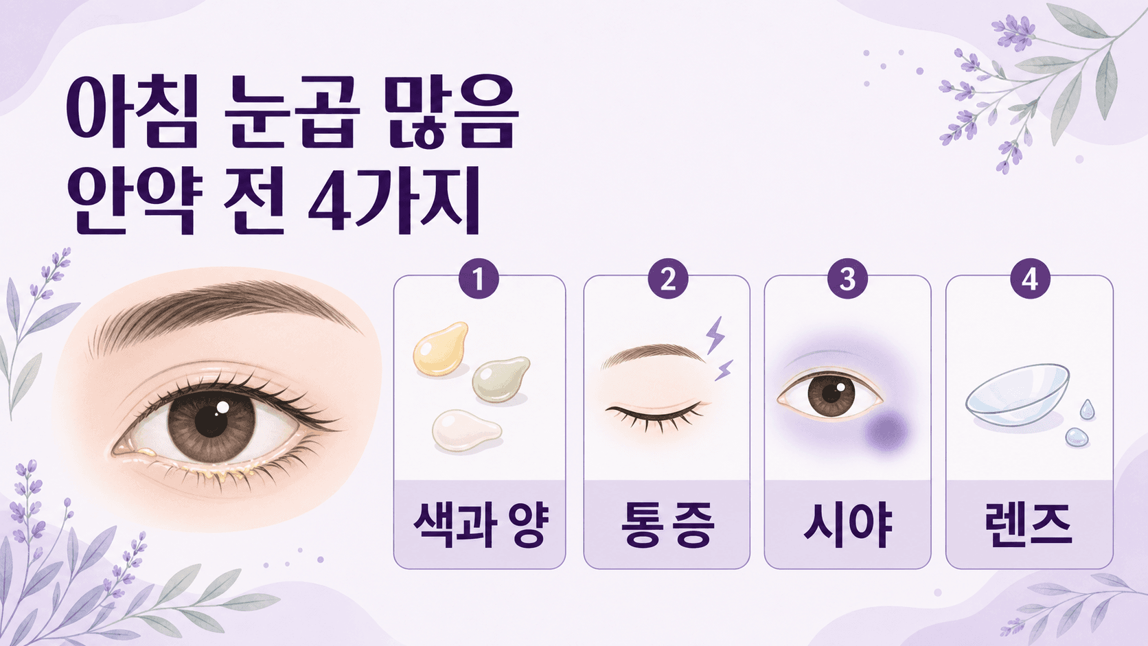 아침 눈곱을 색과 양, 통증, 시야, 렌즈 기준으로 나누는 4가지 기준 이미지