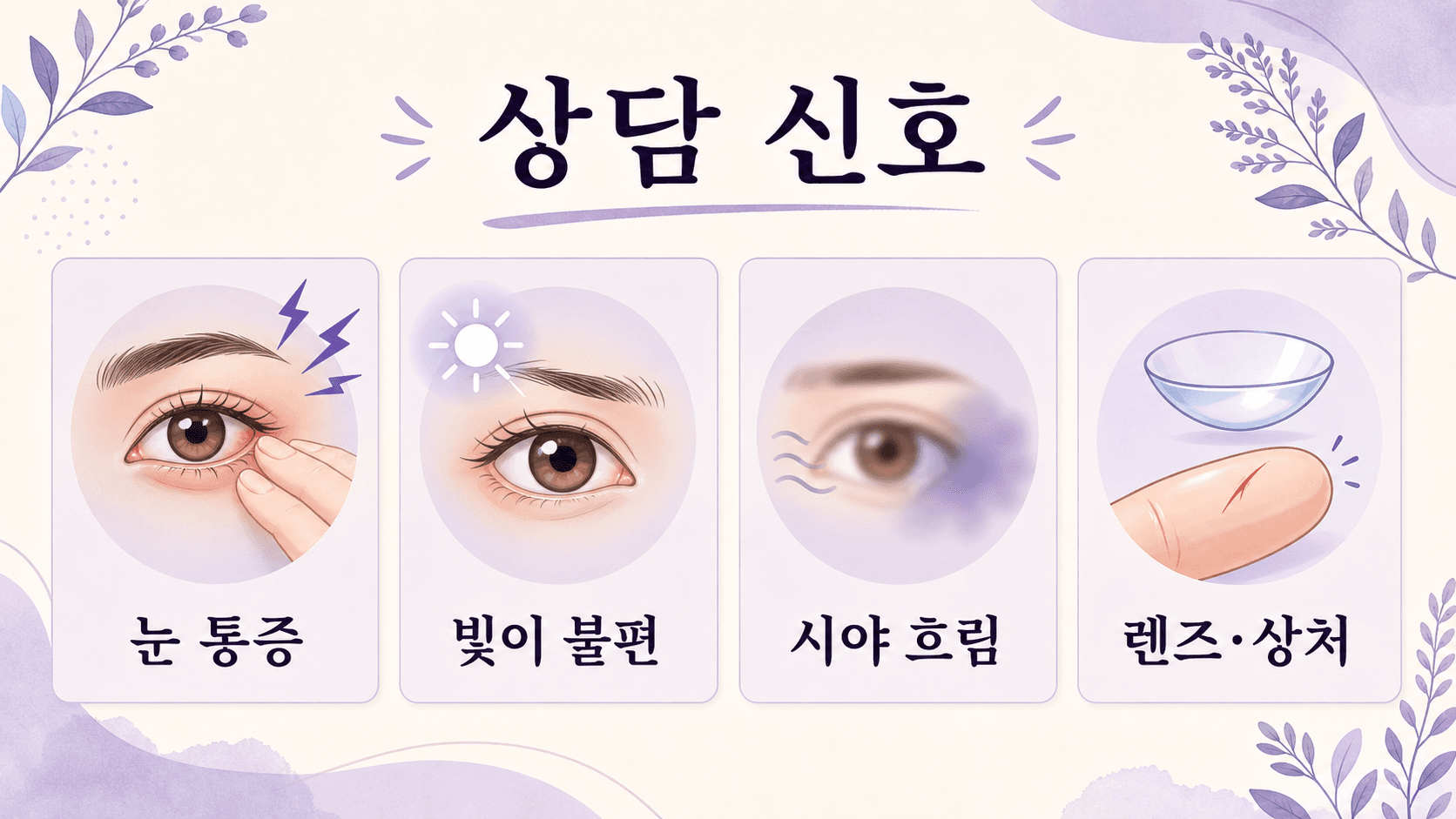 아침 눈곱에서 눈 통증, 빛 불편, 시야 흐림, 렌즈와 상처를 상담 신호로 정리한 보라색 결정 카드