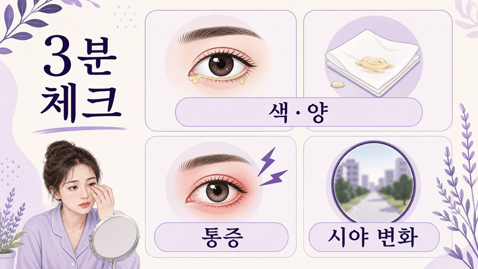 아침 눈곱이 많아졌을 때 색과 양, 통증, 시야 변화를 3분 안에 확인하는 보라색 건강 인포그래픽