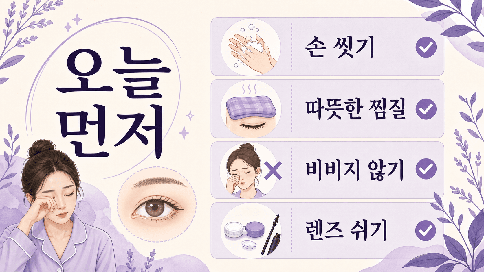 아침 눈곱이 많아졌을 때 손 씻기, 따뜻한 찜질, 비비지 않기, 렌즈 쉬기를 정리한 보라색 체크리스트