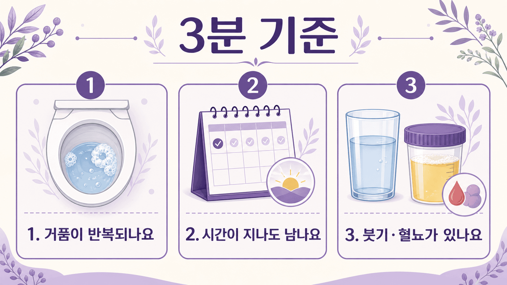 아침 소변 거품을 3분 동안 구분하는 기준 이미지