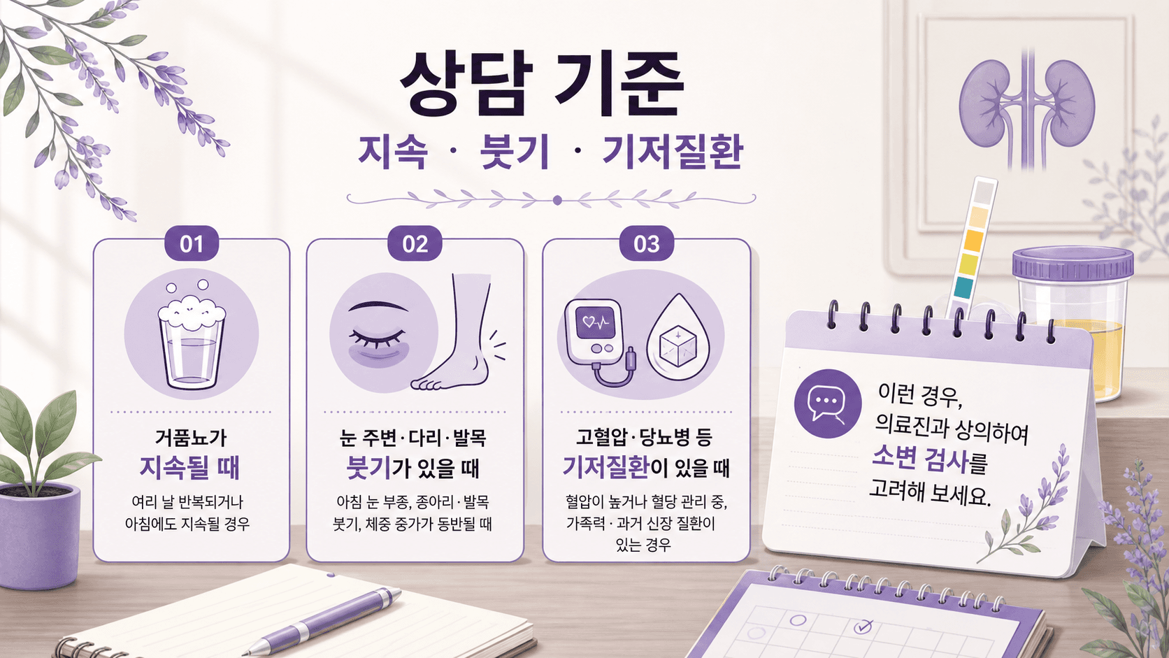 소변 거품 상담 기준을 지속, 붓기, 기저질환으로 나누는 이미지
