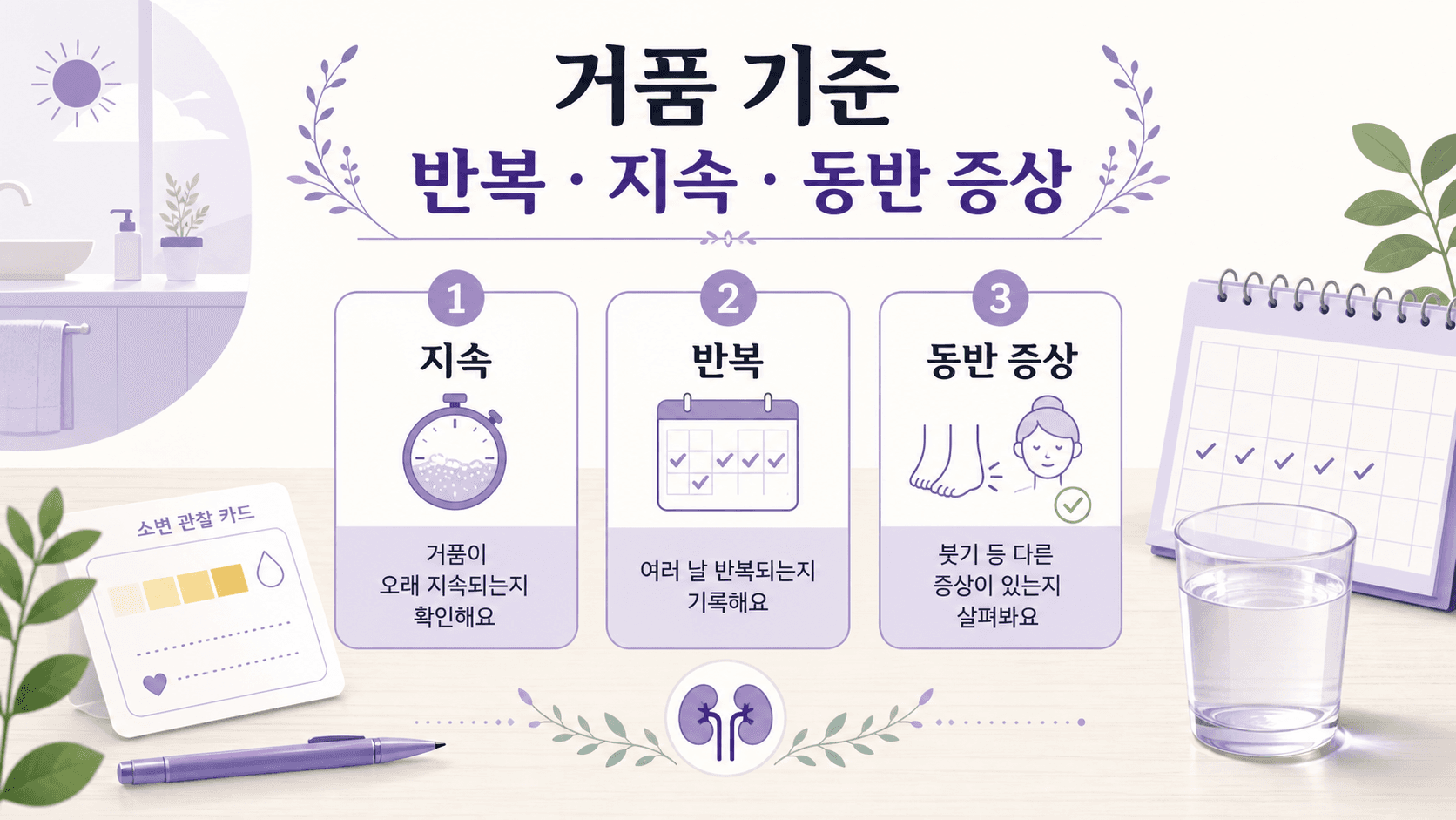 아침 소변 거품을 반복, 지속, 동반 증상으로 나누는 기준 이미지