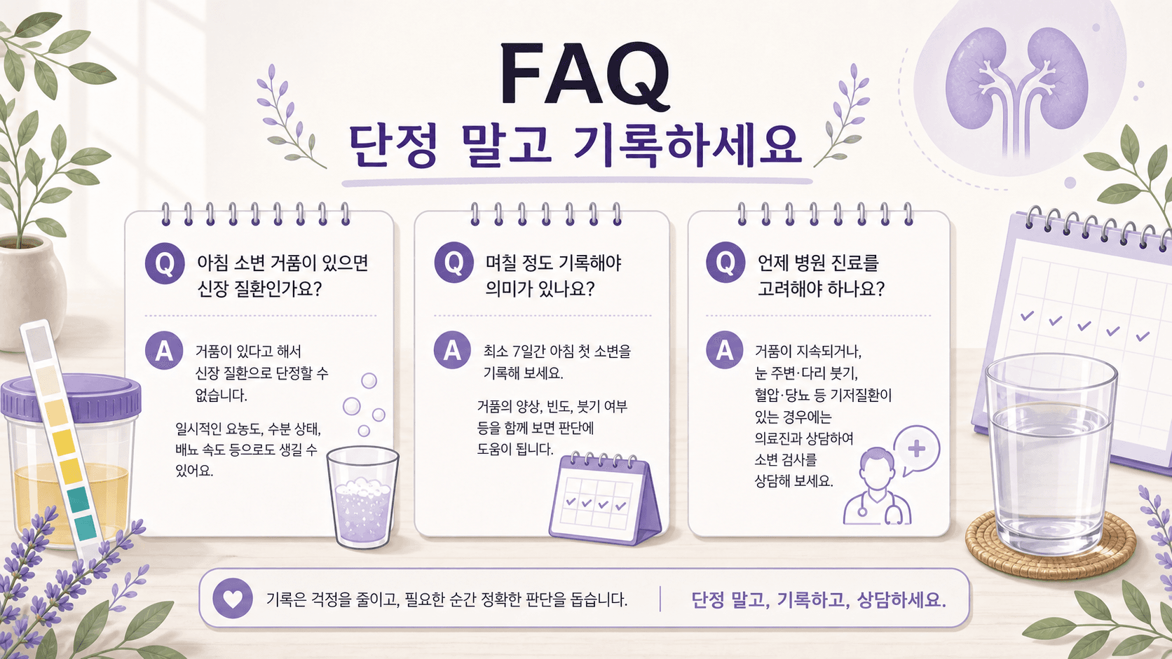 소변 거품 FAQ를 단정하지 말고 기록하라는 기준으로 정리한 이미지