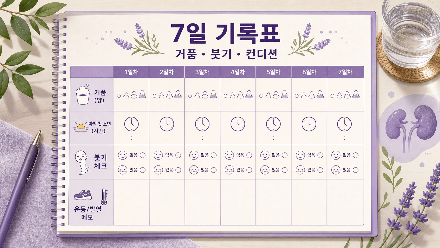 소변 거품, 붓기, 컨디션을 적는 7일 기록표 이미지