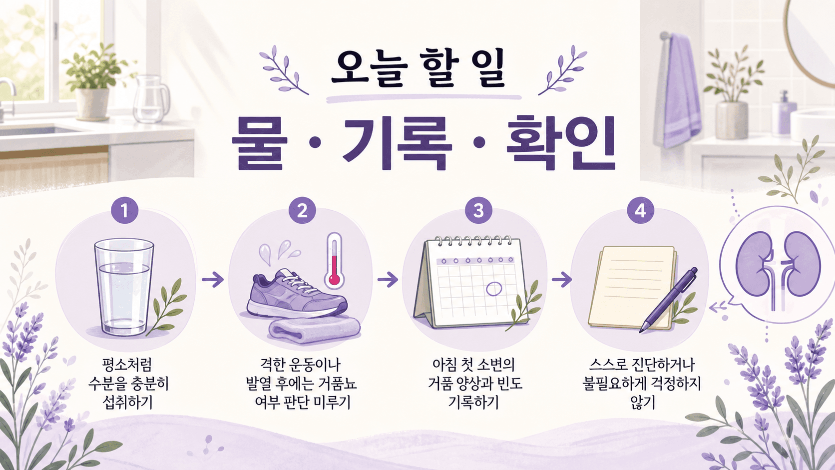 소변 거품이 보일 때 물, 기록, 확인을 먼저 하는 행동 이미지