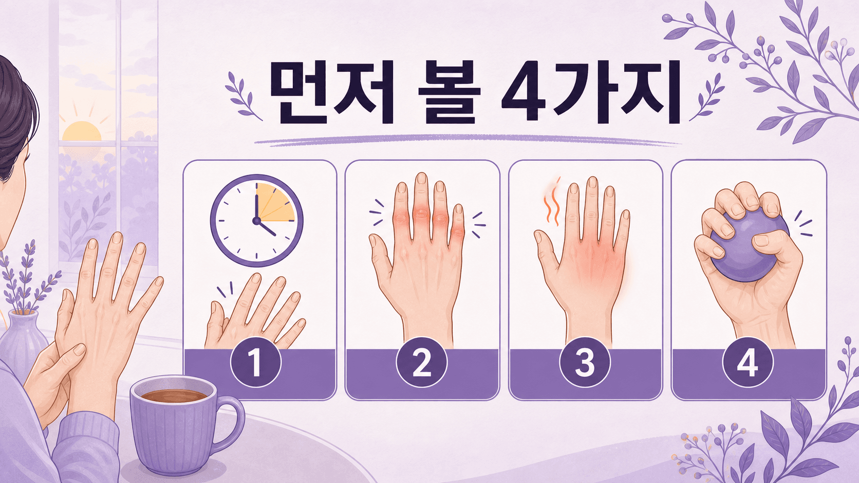 아침 손가락 뻣뻣함을 지속 시간, 부기, 따뜻함, 주먹 쥐기 어려움으로 나누어 보는 그림