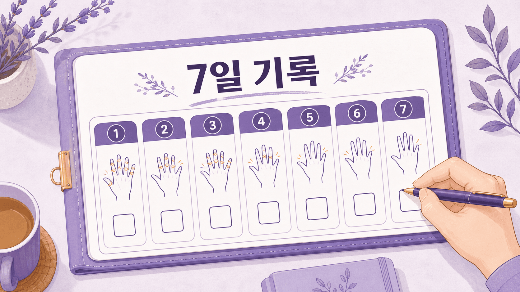 7일 동안 손가락 뻣뻣함의 시간, 부기, 양손 여부, 생활 동작 불편을 적는 기록 카드