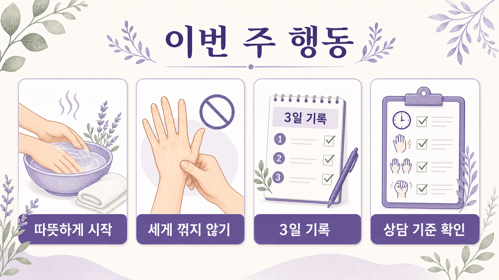 아침 손마디 뻣뻣함에서 따뜻하게 시작하고 세게 꺾지 않으며 3일 기록과 상담 기준을 확인하는 행동 카드