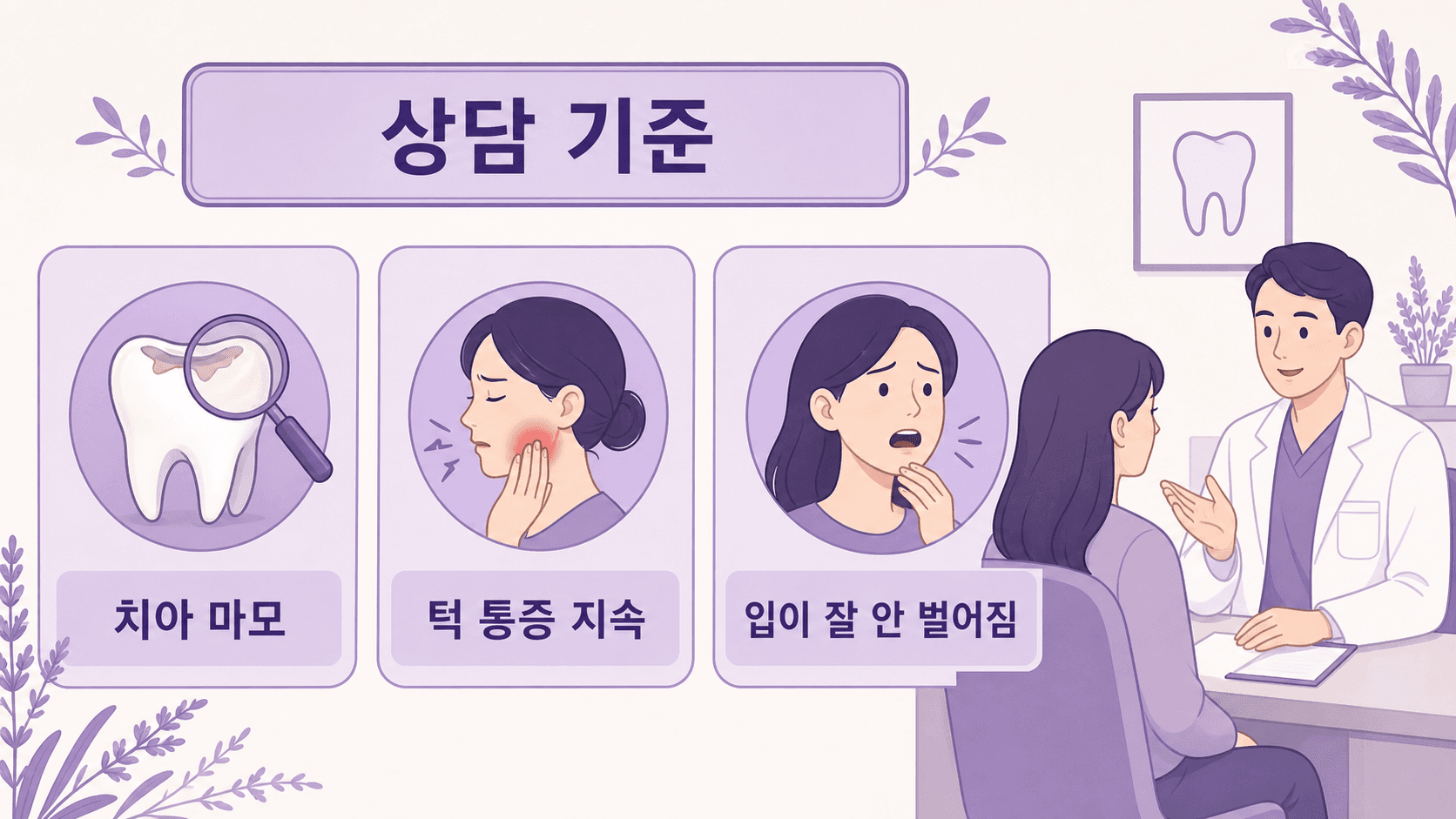 치아 마모, 턱 통증 지속, 입이 잘 안 벌어짐을 상담 기준으로 정리한 이미지