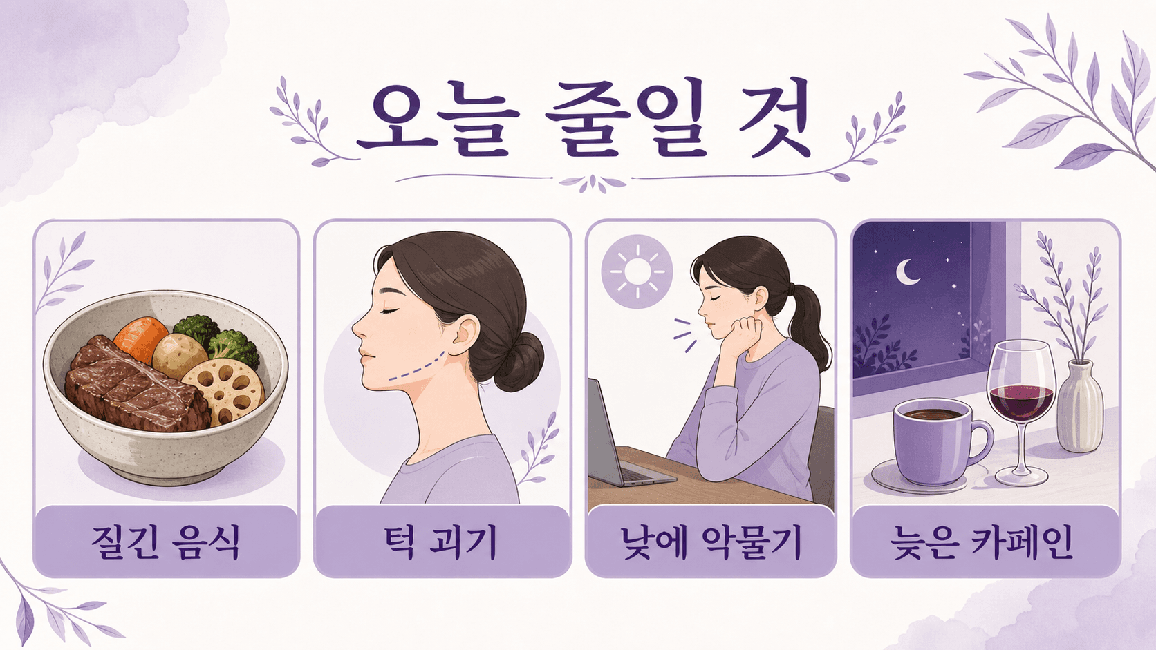 아침 턱 뻐근함이 있을 때 오늘 줄일 질긴 음식, 턱 괴기, 낮에 악물기, 늦은 카페인을 보여주는 이미지