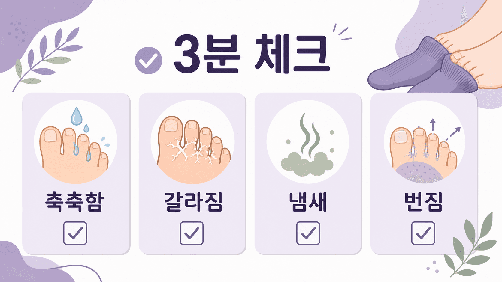 발가락 사이 가려움에서 축축함, 갈라짐, 냄새, 번짐을 나누는 3분 체크 이미지