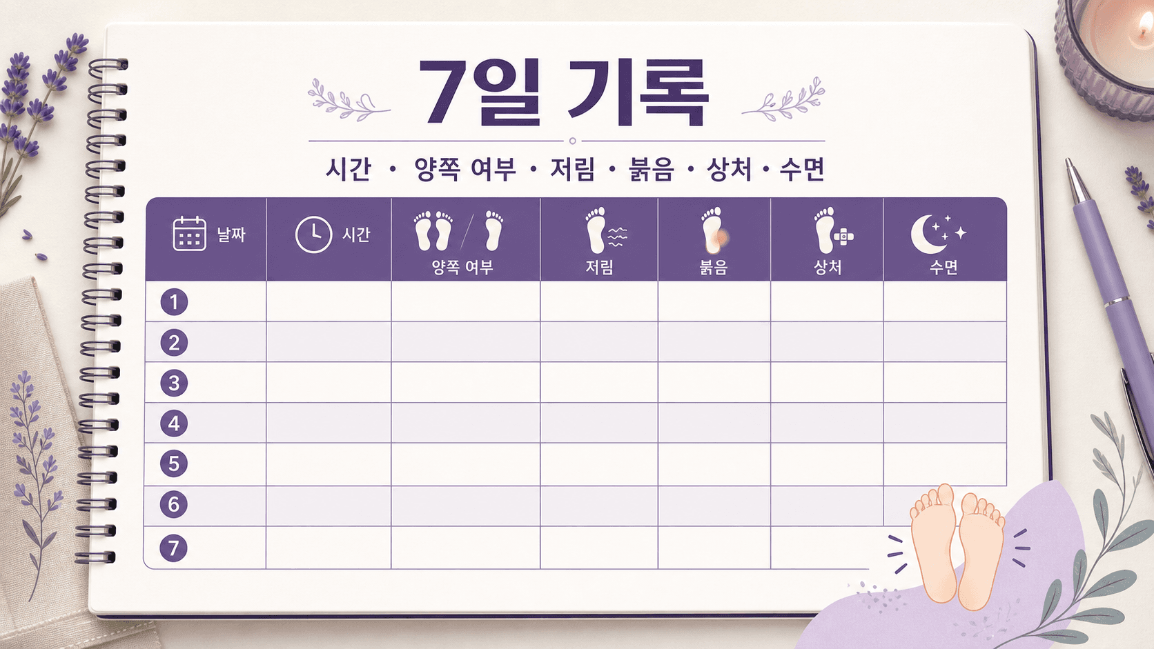밤마다 발바닥 화끈거림을 7일 동안 기록하는 항목 이미지