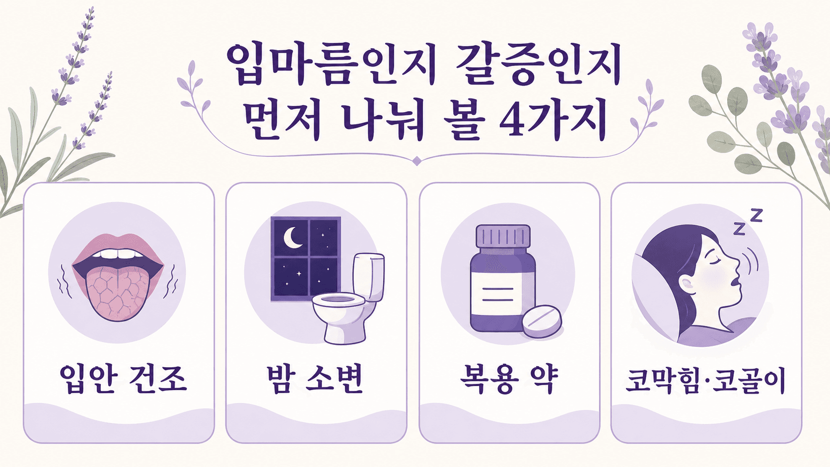 밤 입마름과 갈증을 입안 건조, 밤 소변, 복용 약, 코막힘과 코골이로 나눠 보는 기준 이미지