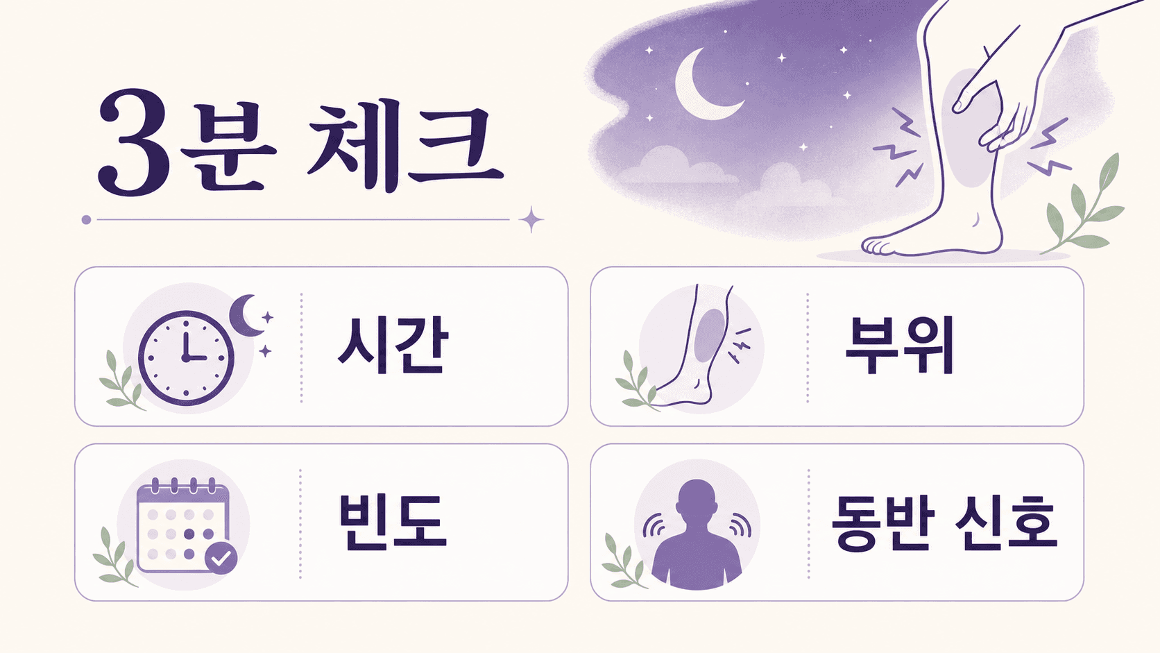 밤에 종아리 쥐가 날 때 시간, 부위, 빈도, 동반 신호를 나누는 3분 체크 이미지