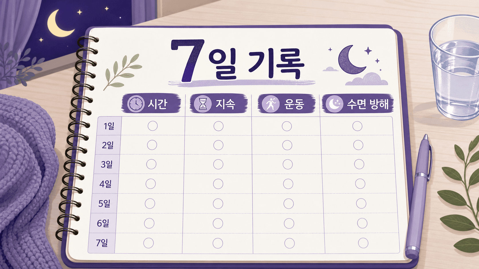 마그네슘 보충제 전 먼저 기록할 항목을 시간, 빈도, 운동, 약, 수면 방해로 정리한 이미지