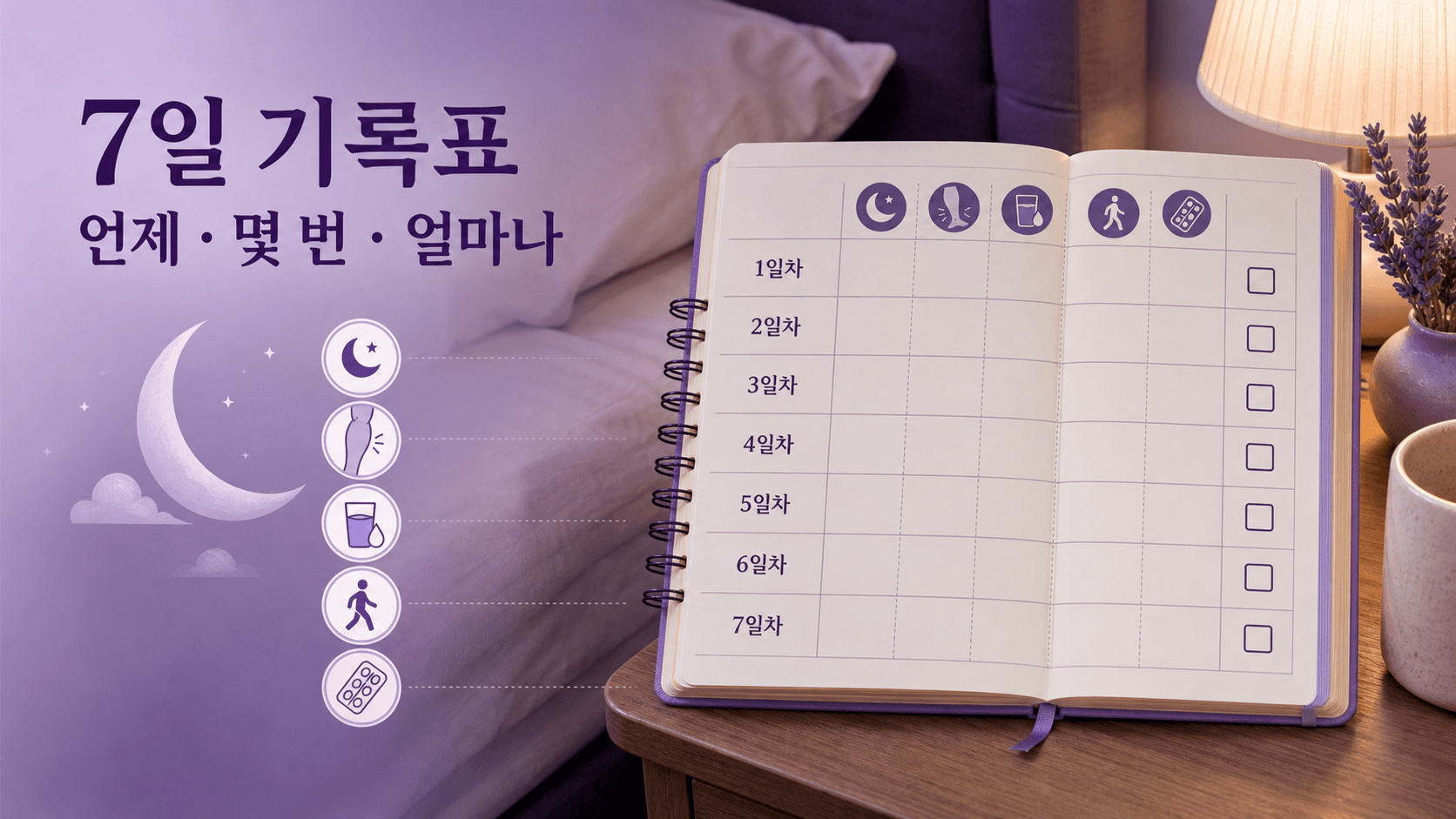밤에 종아리 쥐가 반복될 때 7일 기록표를 보여주는 이미지