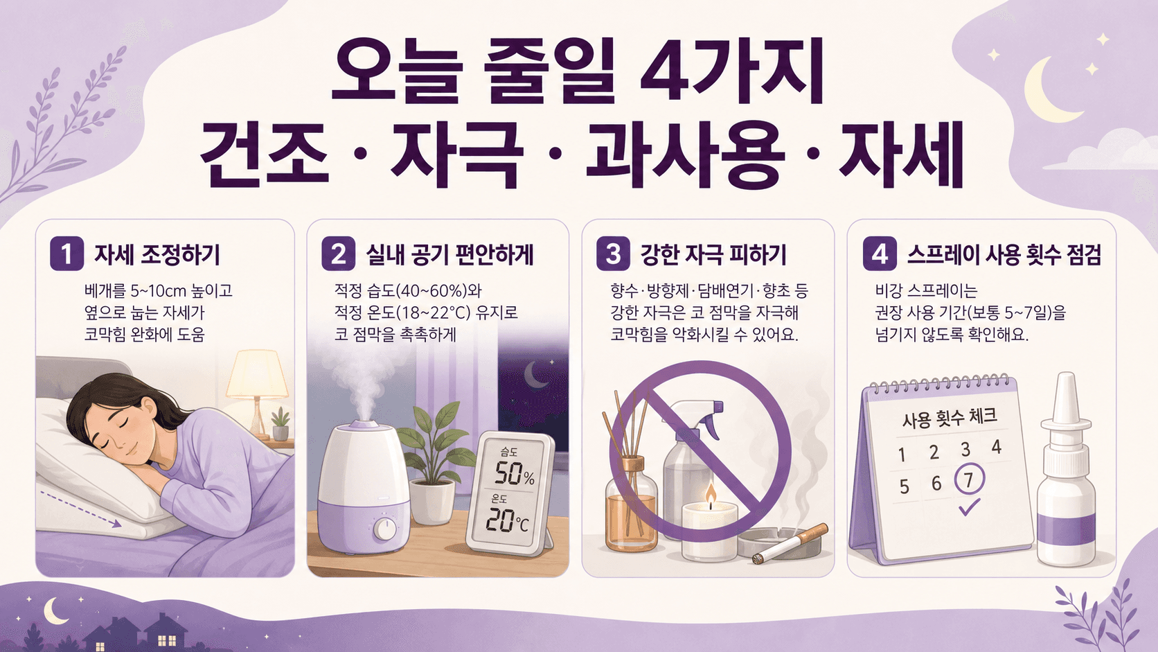 밤 코막힘에서 오늘 줄일 건조, 자극, 과사용, 자세 행동 이미지