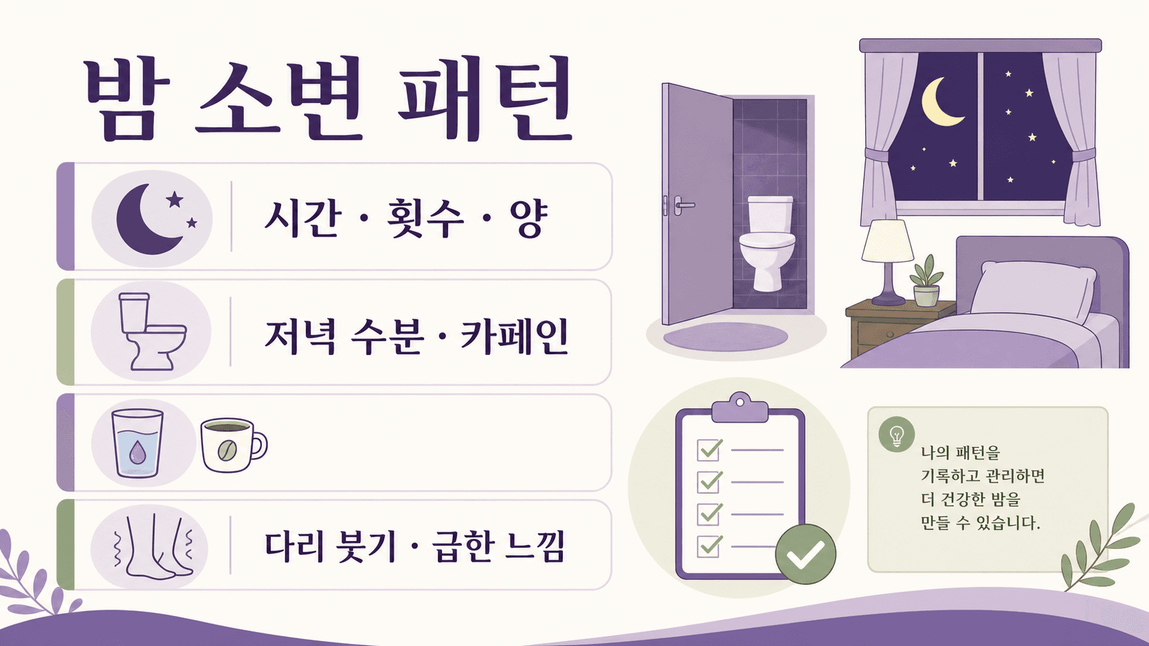 밤 소변 패턴을 시간, 횟수, 양, 저녁 수분, 카페인, 다리 붓기와 급한 느낌으로 나누는 기준 이미지
