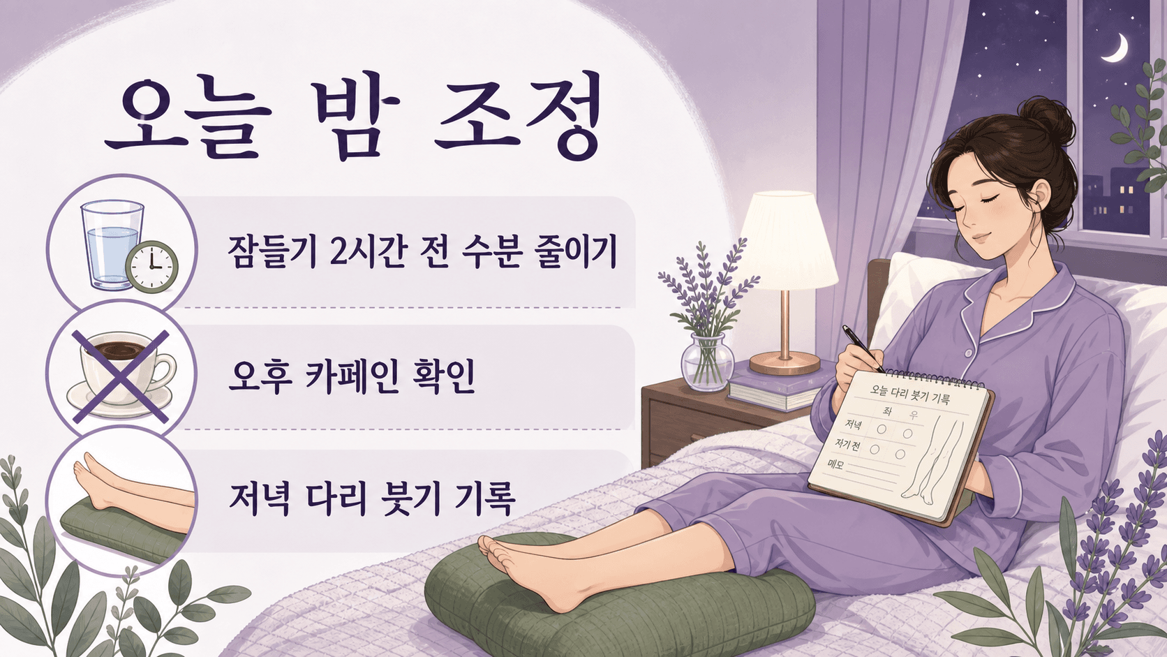 잠들기 전 수분 줄이기, 오후 카페인 확인, 저녁 다리 붓기 기록을 보여주는 이미지