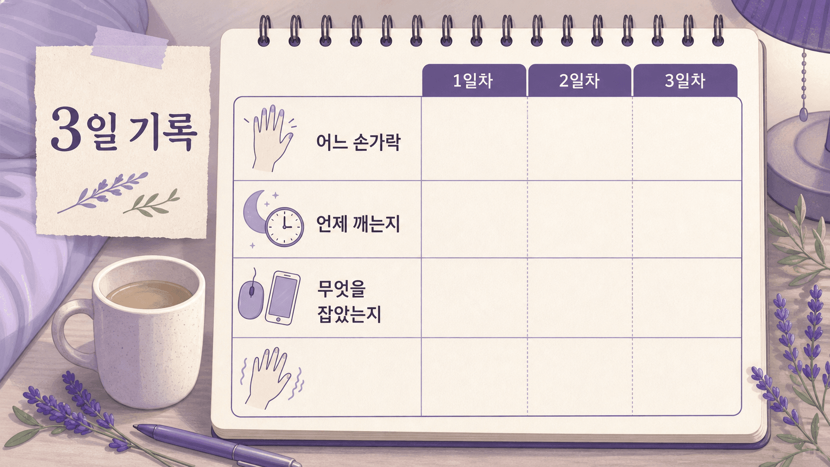 밤에 손 저림을 3일 동안 기록하는 표와 침대 옆 메모장을 보여주는 이미지
