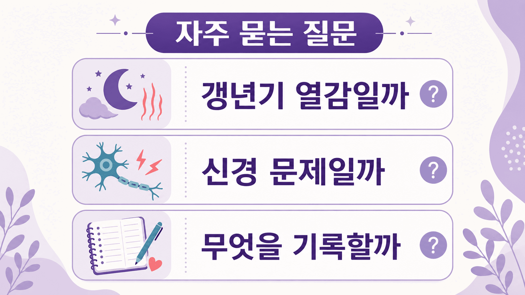 밤에 발바닥 열감에 대해 갱년기 열감인지, 신경 문제인지, 무엇을 기록할지 정리한 FAQ 이미지