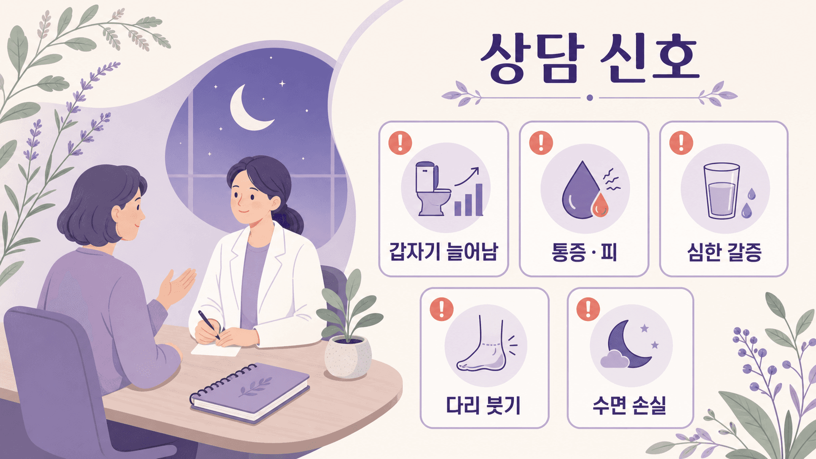 밤에 소변 때문에 깰 때 갑자기 늘어남, 통증과 피, 심한 갈증, 다리 붓기, 수면 손실을 상담 신호로 보는 이미지