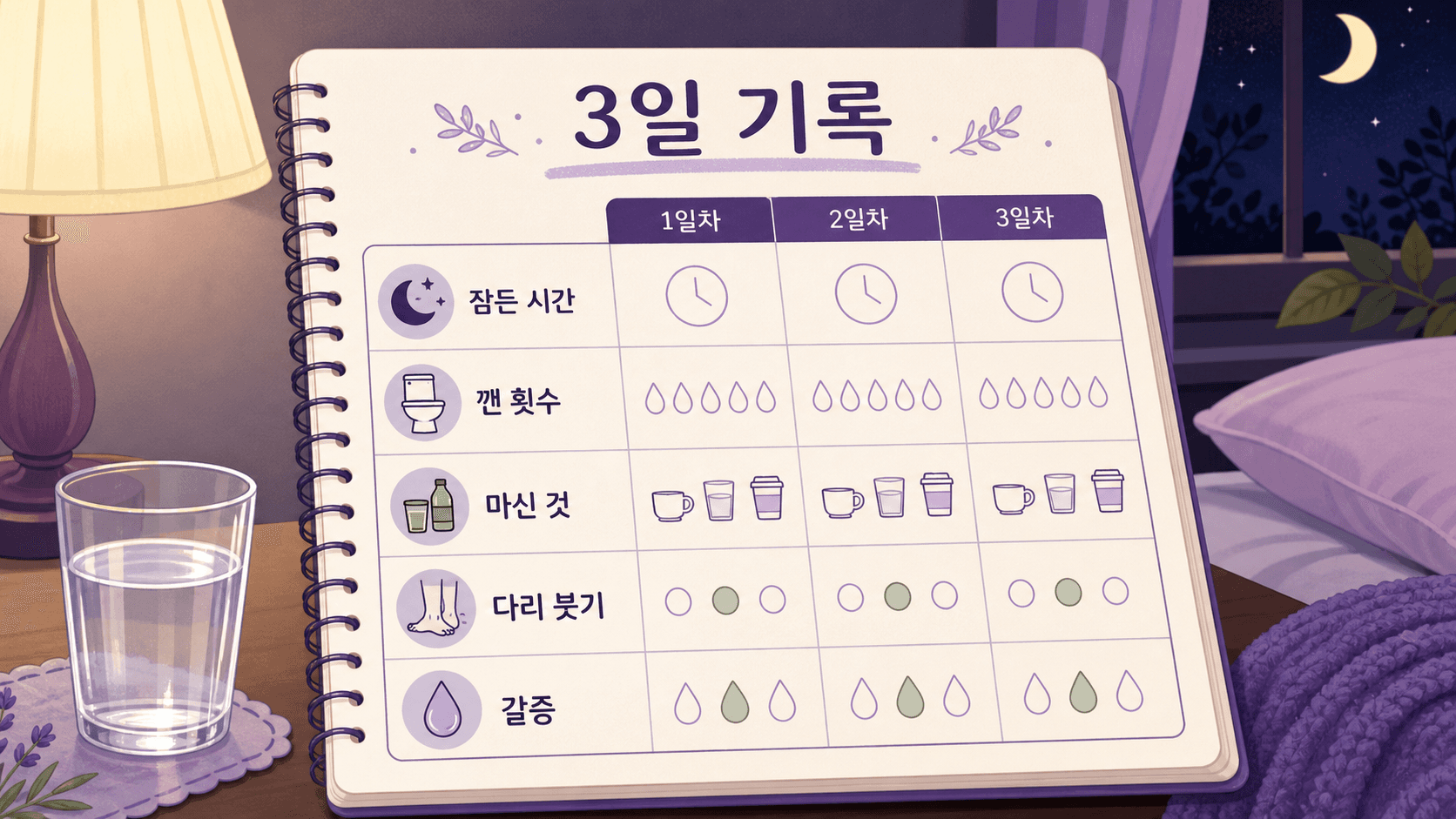 밤에 소변 때문에 깰 때 잠든 시간, 깬 횟수, 마신 것, 다리 붓기와 갈증을 적는 3일 기록 이미지
