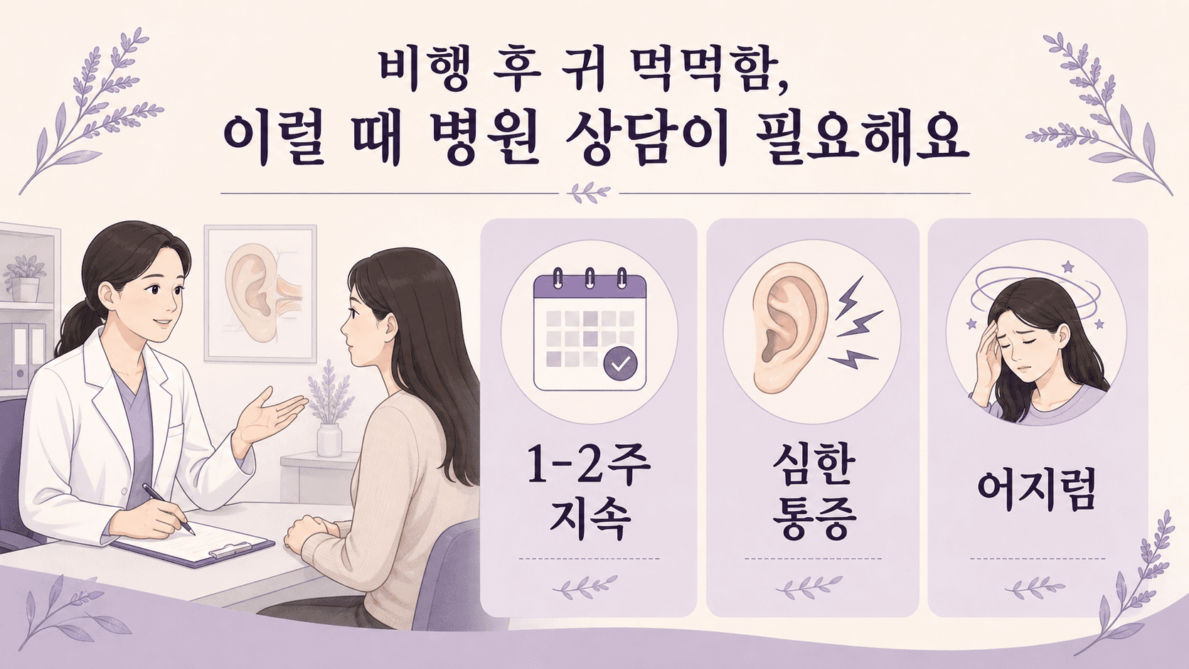 귀 먹먹함에서 1-2주 지속, 심한 통증, 어지럼 같은 상담 신호를 보여주는 이미지