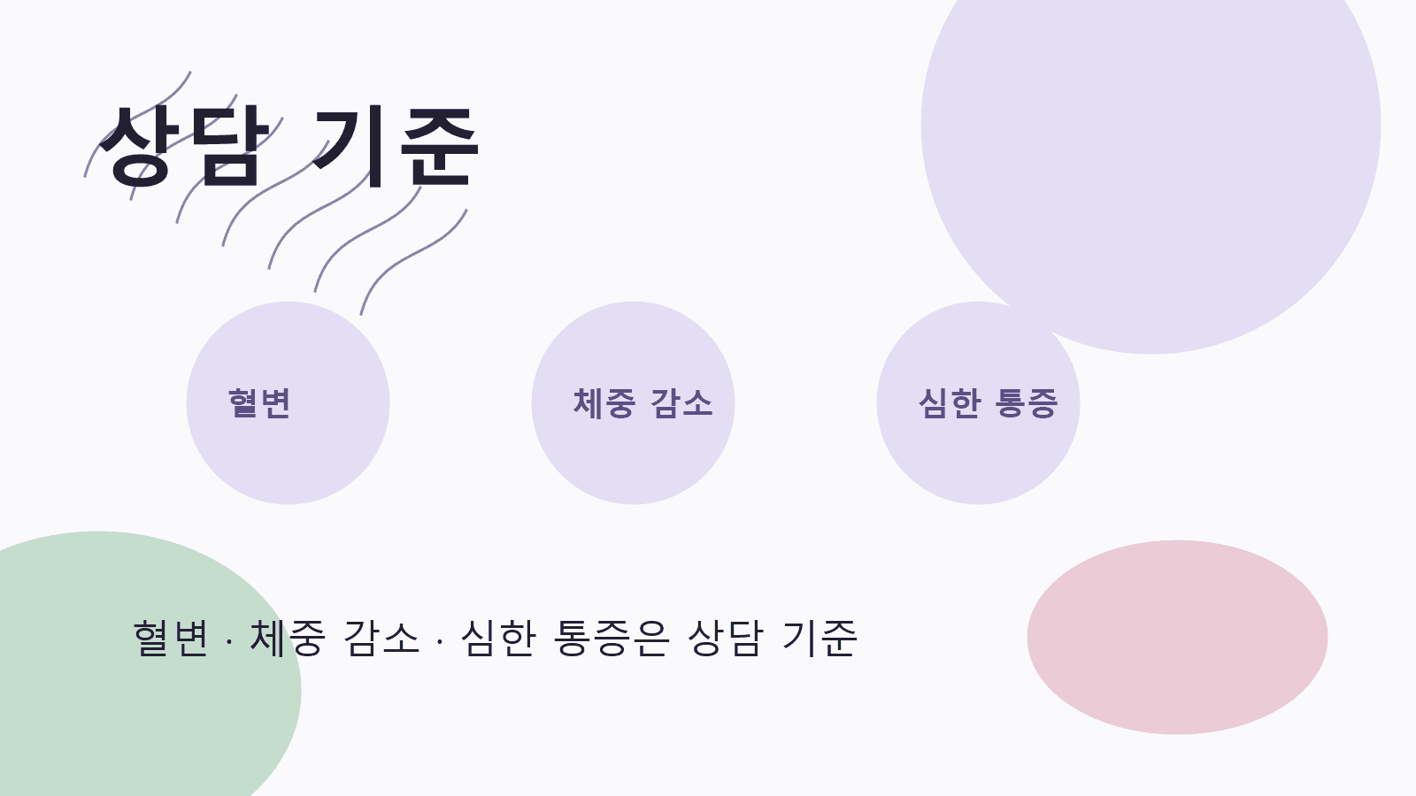 혈변 · 체중 감소 · 심한 통증은 상담 기준