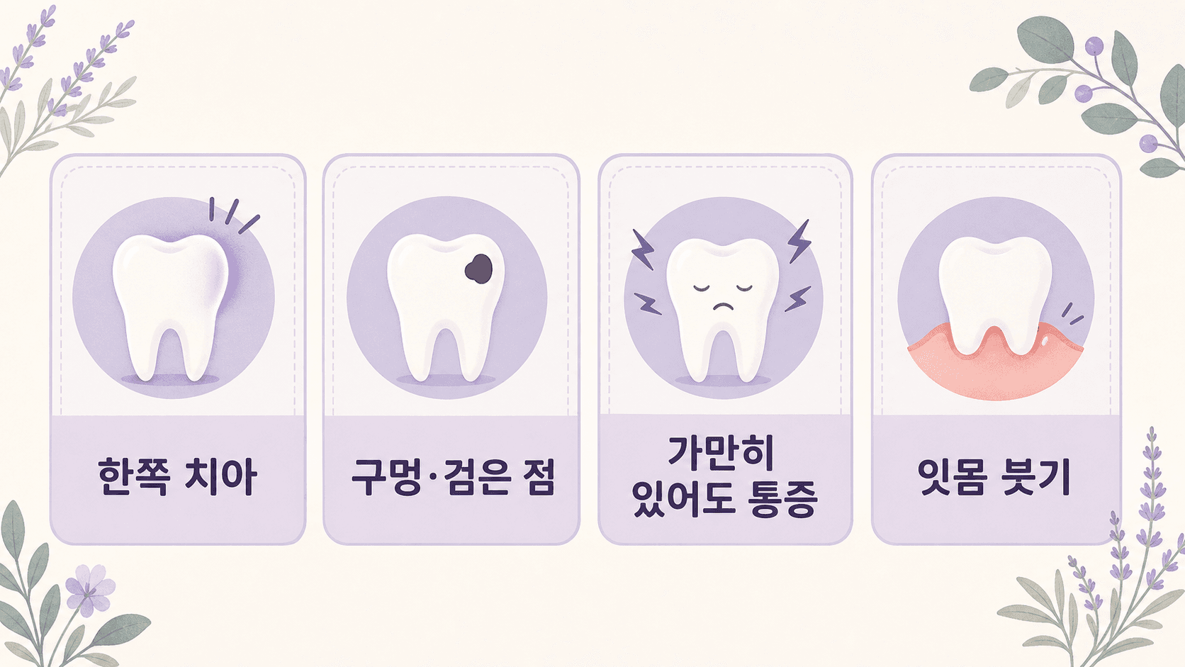 한쪽 치아, 구멍과 검은 점, 가만히 있어도 통증, 잇몸 붓기를 상담 신호로 보여주는 이미지