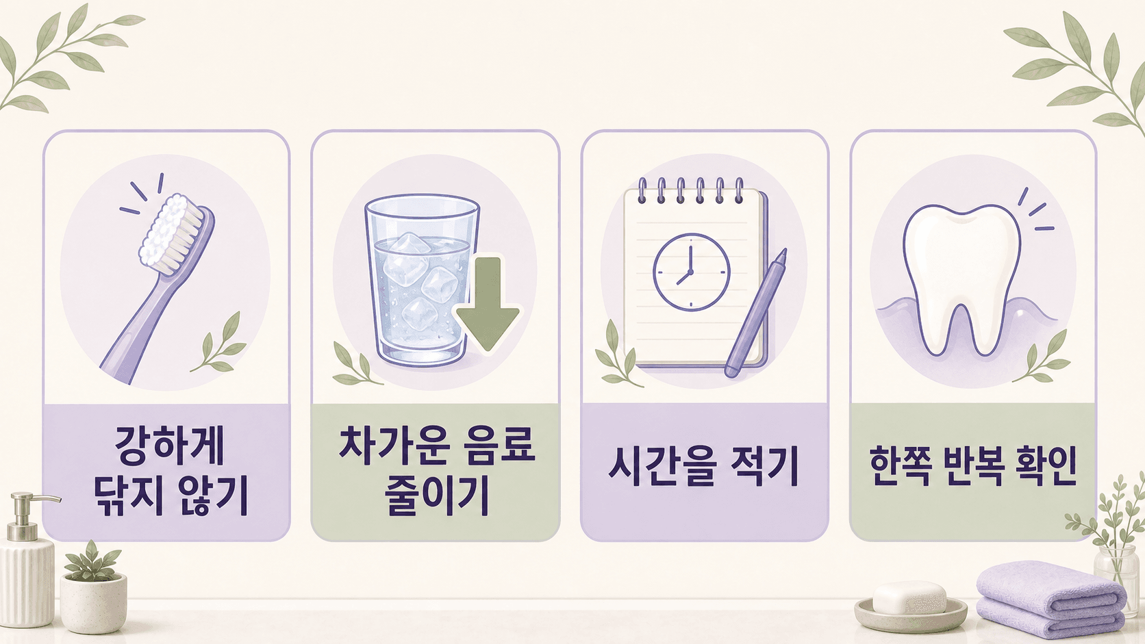 시린 치아에서 강한 칫솔질을 줄이고 차가운 음료를 줄이며 시간을 적는 루틴 이미지