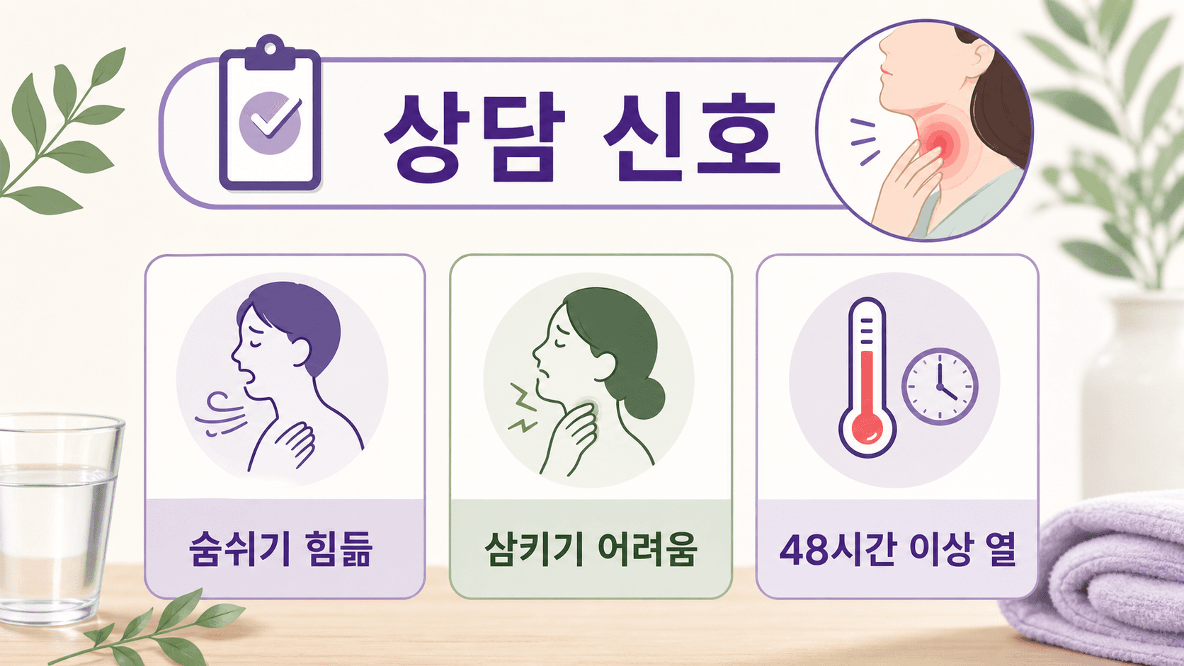 침 삼킬 때 목 아픔에서 숨쉬기 힘듦, 삼키기 어려움, 48시간 이상 열을 상담 신호로 보여주는 이미지
