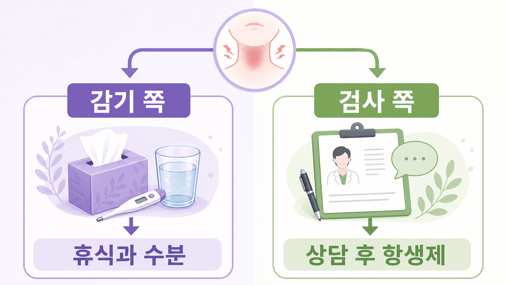 감기 쪽은 휴식과 수분, 검사 쪽은 상담 후 항생제라는 흐름을 보여주는 목 통증 결정 이미지