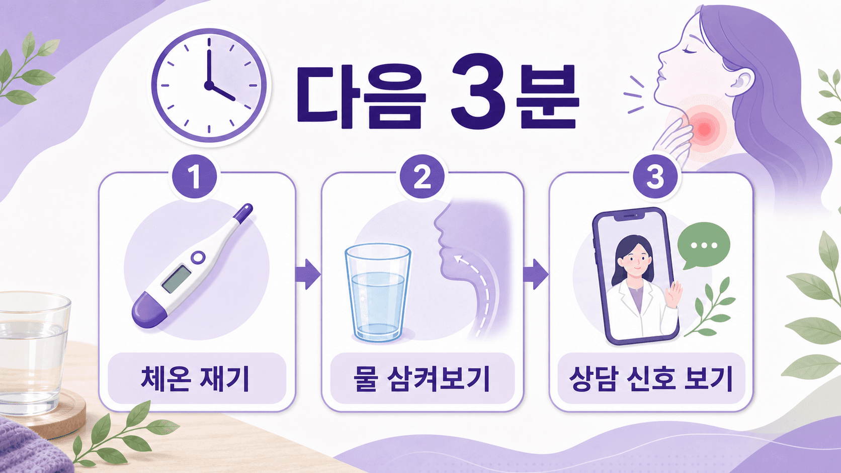 침 삼킬 때 목 아픔이 있을 때 다음 3분 동안 체온 재기, 물 삼켜보기, 상담 신호 보기를 보여주는 이미지