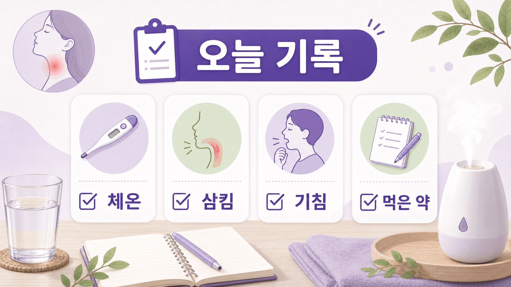 침 삼킬 때 목 아픔이 있을 때 체온, 삼킴, 기침, 먹은 약을 오늘 기록하는 이미지
