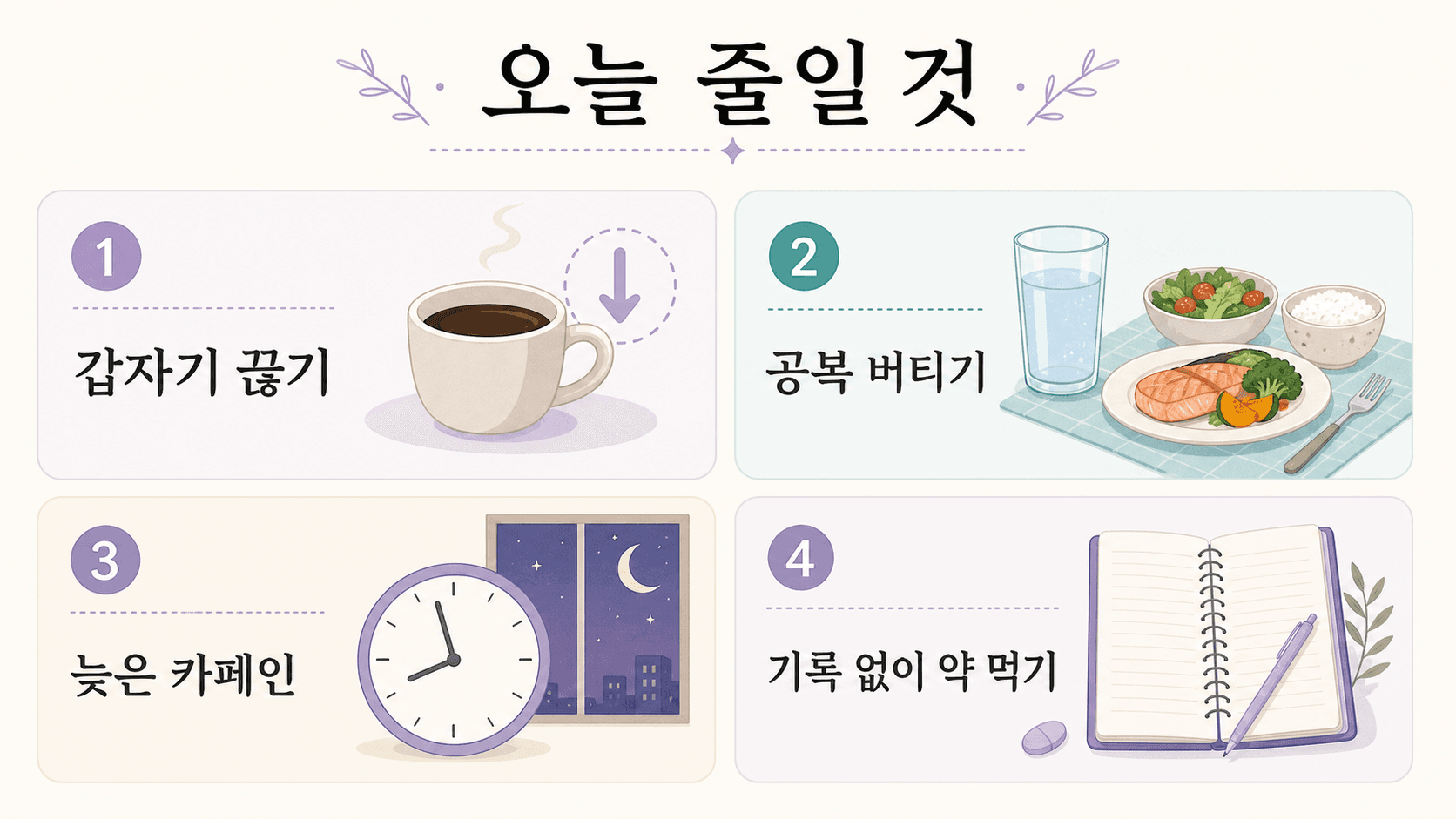 카페인을 줄일 때 갑자기 끊기, 공복 버티기, 늦은 카페인, 기록 없이 약 먹기를 줄이는 이미지