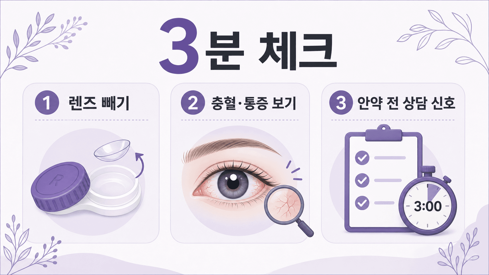 렌즈 낀 뒤 눈 충혈이 있을 때 렌즈 제거, 통증, 눈부심, 시야 흐림을 나누는 3분 체크 이미지