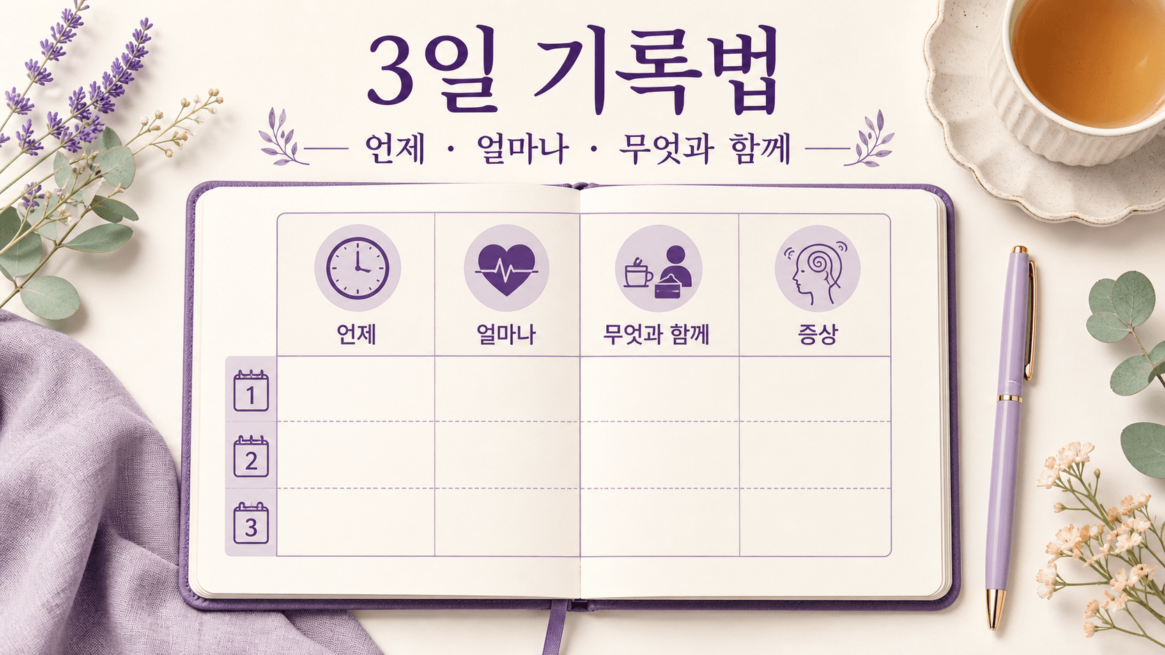 두근거림과 어지럼을 3일 동안 언제, 얼마나, 무엇과 함께 기록하는 방법 이미지
